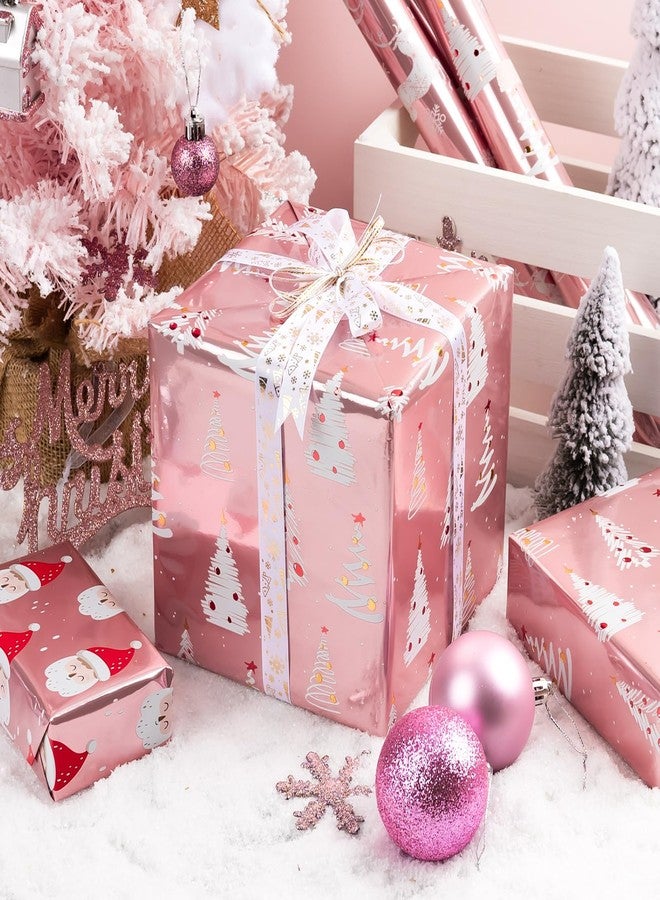 MAYPLUSS Pink Christmas Wrapping Paper - 17In x 120In Per Roll - Girly Festive Metallic Foil Trees, Cute Santa, Winter Sled Design Christmas Girls Pink Gift Wrap Paper for Winter Holiday, Birthday - Image 4